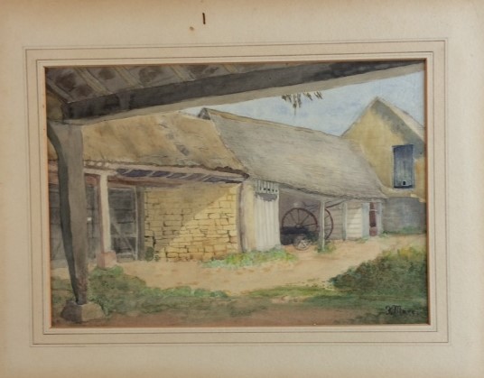 Farm sheds, probably Campden, watercolour by Florence Mare